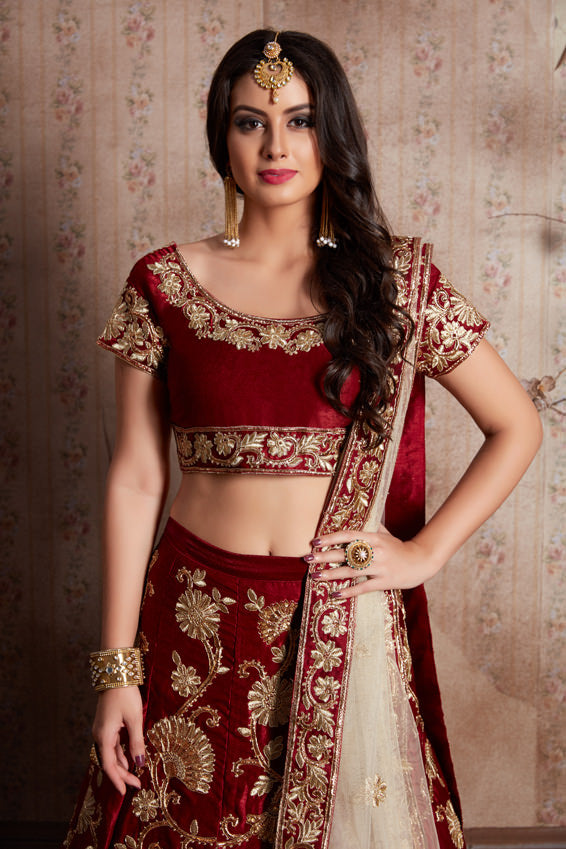 Maroon and Cream Embroidered Lehenga | Semi-Stitched with Taping Border Dupatta