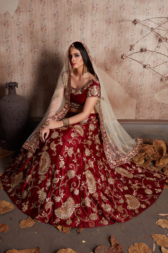 Maroon and Cream Embroidered Lehenga | Semi-Stitched with Taping Border Dupatta