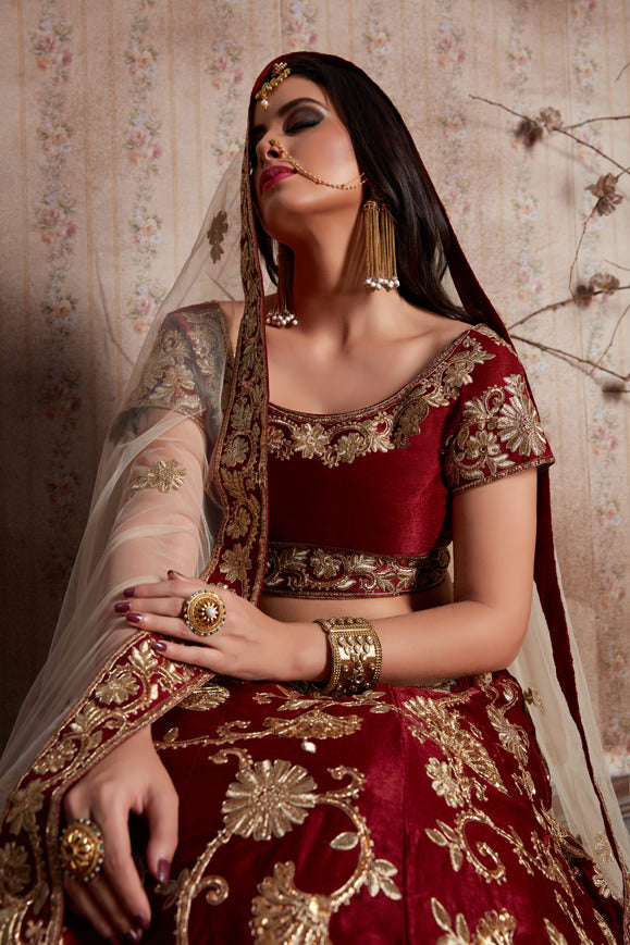 Maroon and Cream Embroidered Lehenga | Semi-Stitched with Taping Border Dupatta