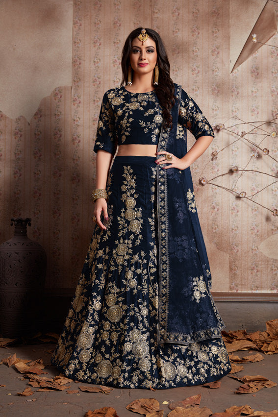 Velvet Lehenga Choli with Zari Embroidery, Crystals, and Net Dupatta