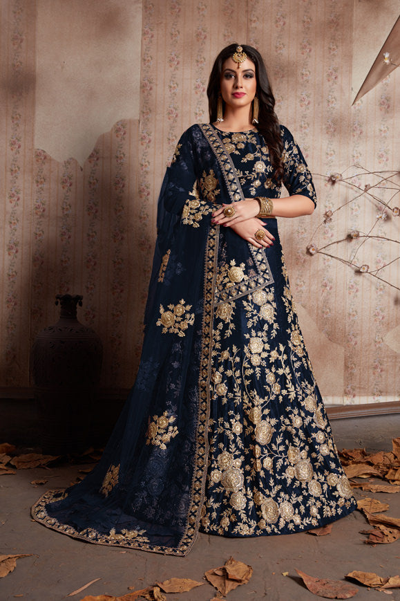 Velvet Lehenga Choli with Zari Embroidery, Crystals, and Net Dupatta