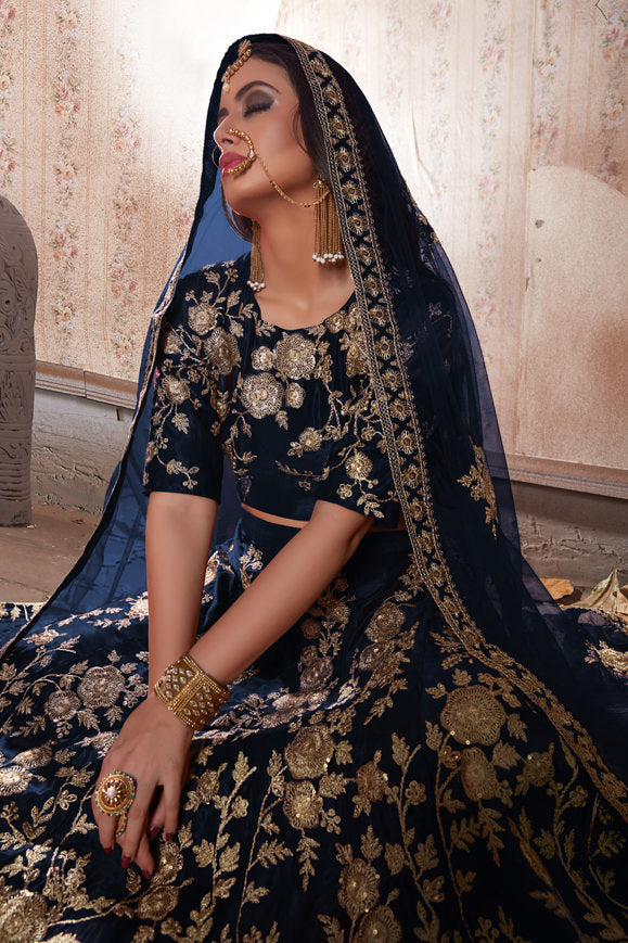 Velvet Lehenga Choli with Zari Embroidery, Crystals, and Net Dupatta