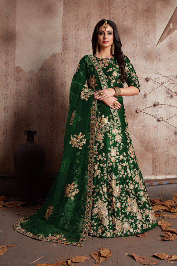 Velvet Lehenga Choli with Zari Embroidery, Crystals, and Net Dupatta