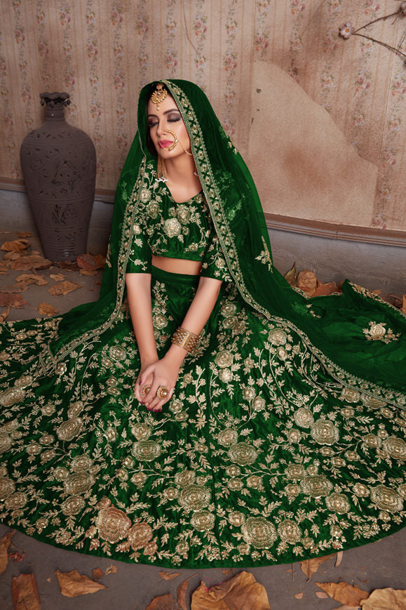 Velvet Lehenga Choli with Zari Embroidery, Crystals, and Net Dupatta