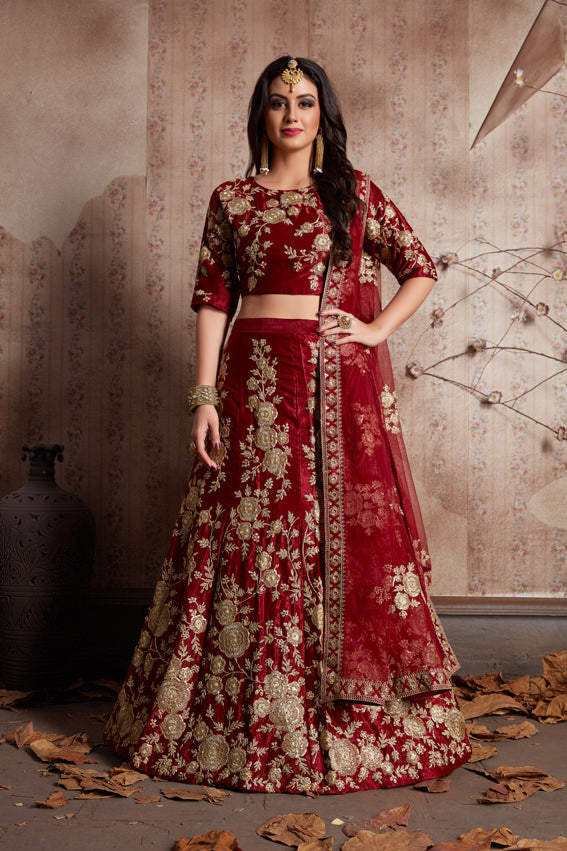 Stylish Maroon and Cream Lehenga Choli | Round Neck Blouse with Embroidery