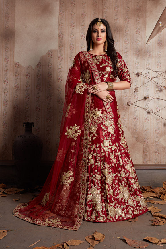 Stylish Maroon and Cream Lehenga Choli | Round Neck Blouse with Embroidery