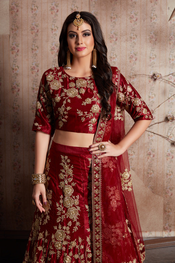 Stylish Maroon and Cream Lehenga Choli | Round Neck Blouse with Embroidery