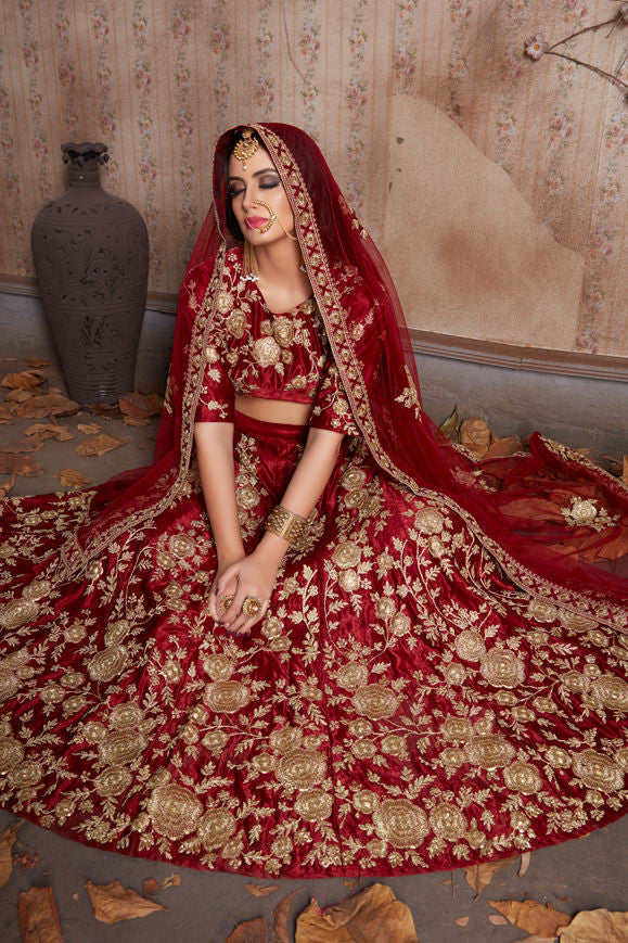 Stylish Maroon and Cream Lehenga Choli | Round Neck Blouse with Embroidery