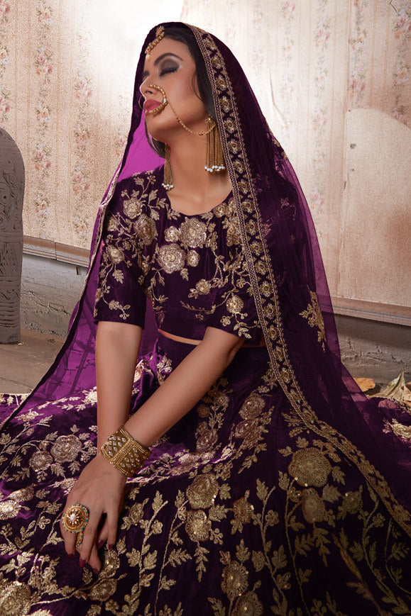 Velvet Lehenga Choli with Zari Embroidery, Crystals, and Net Dupatta