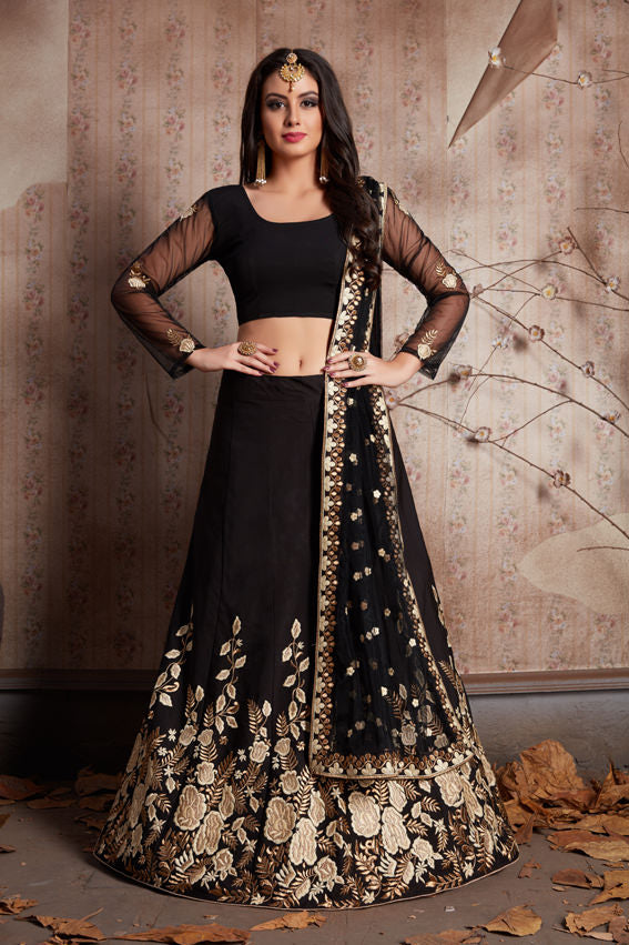 Designer Black Embellished Lehenga | Crepe Lehenga with Soft Net Dupatta