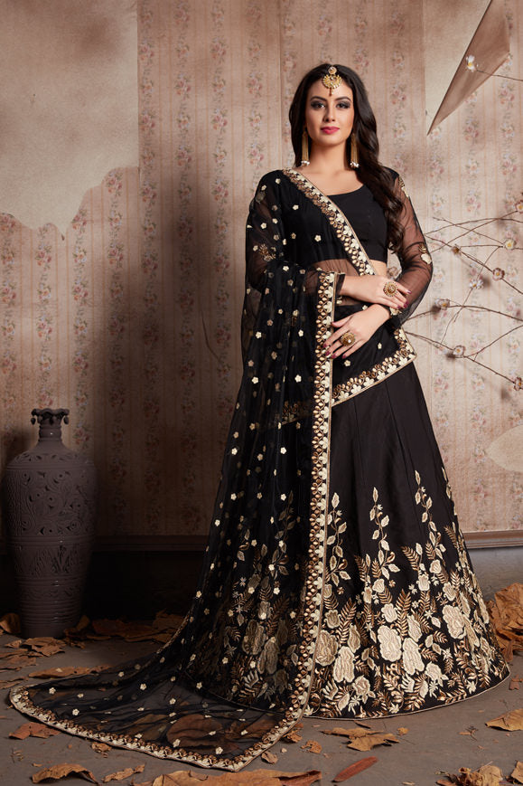 Designer Black Embellished Lehenga | Crepe Lehenga with Soft Net Dupatta