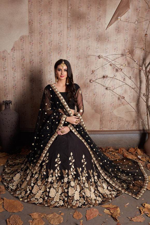 Designer Black Embellished Lehenga | Crepe Lehenga with Soft Net Dupatta