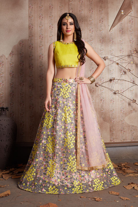 Baby Pink Floral Motif Soft Net Lehenga | Yellow Art Silk Blouse with Dupatta