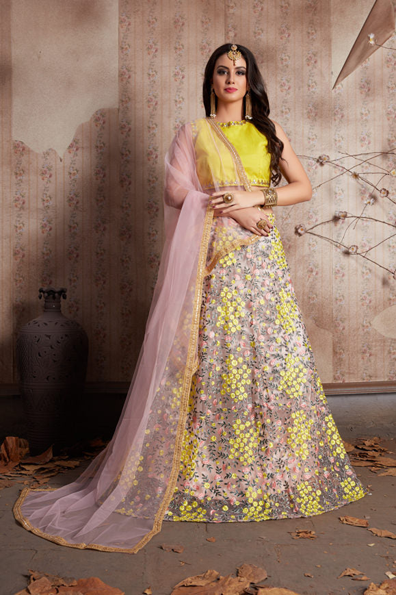 Baby Pink Floral Motif Soft Net Lehenga | Yellow Art Silk Blouse with Dupatta