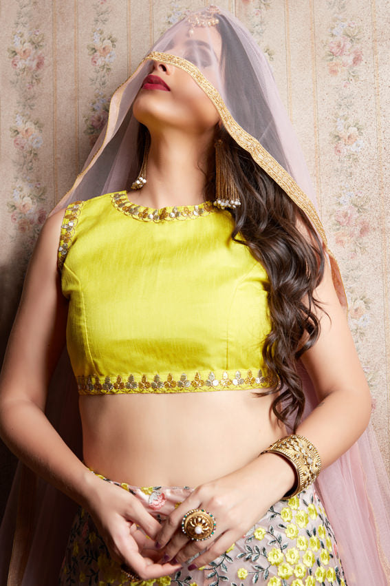 Baby Pink Floral Motif Soft Net Lehenga | Yellow Art Silk Blouse with Dupatta