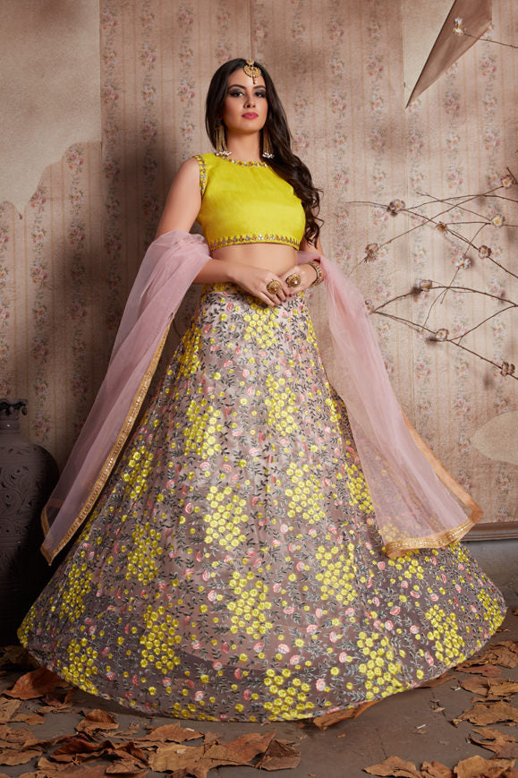 Baby Pink Floral Motif Soft Net Lehenga | Yellow Art Silk Blouse with Dupatta