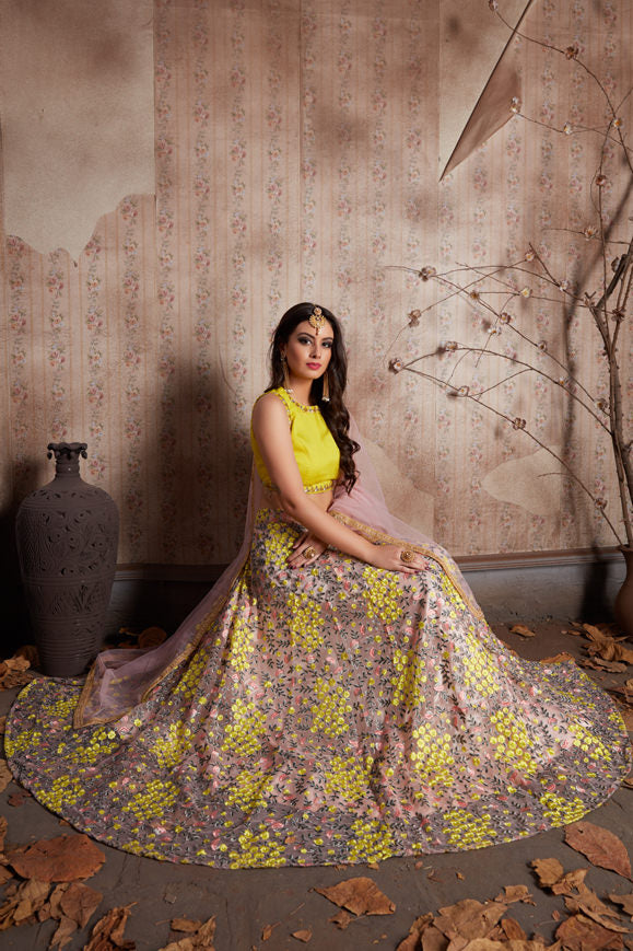 Baby Pink Floral Motif Soft Net Lehenga | Yellow Art Silk Blouse with Dupatta