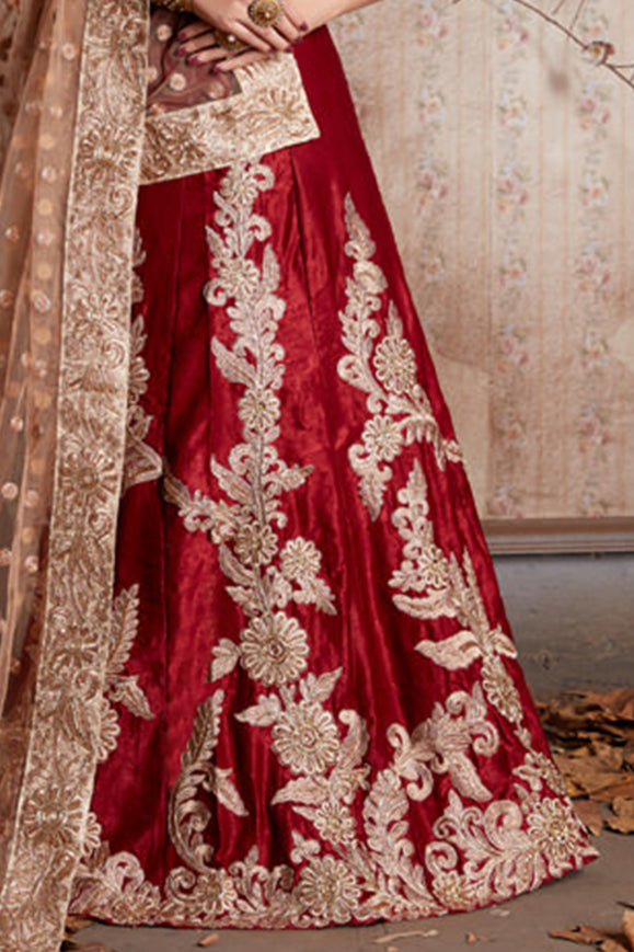 Elegant Maroon Velvet Lehenga | Semi-Stitched with Embroidered Dupatta