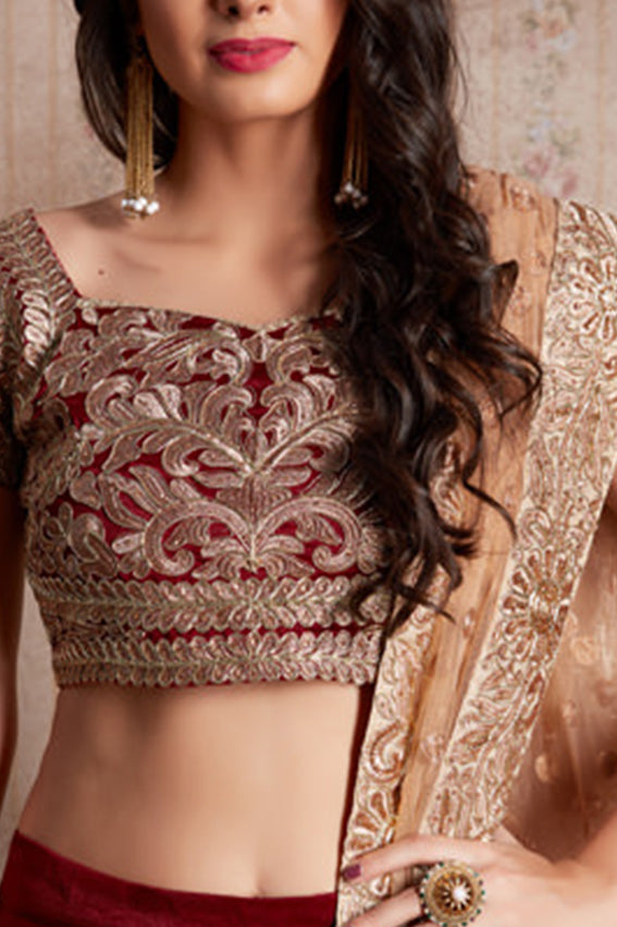 Elegant Maroon Velvet Lehenga | Semi-Stitched with Embroidered Dupatta