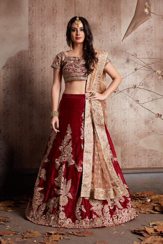 Elegant Maroon Velvet Lehenga | Semi-Stitched with Embroidered Dupatta