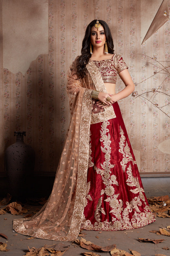 Elegant Maroon Velvet Lehenga | Semi-Stitched with Embroidered Dupatta