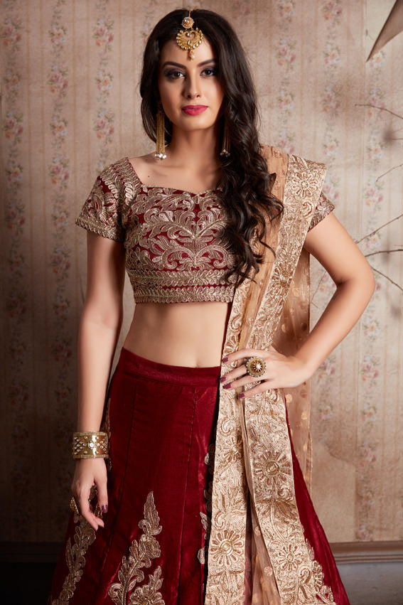 Elegant Maroon Velvet Lehenga | Semi-Stitched with Embroidered Dupatta