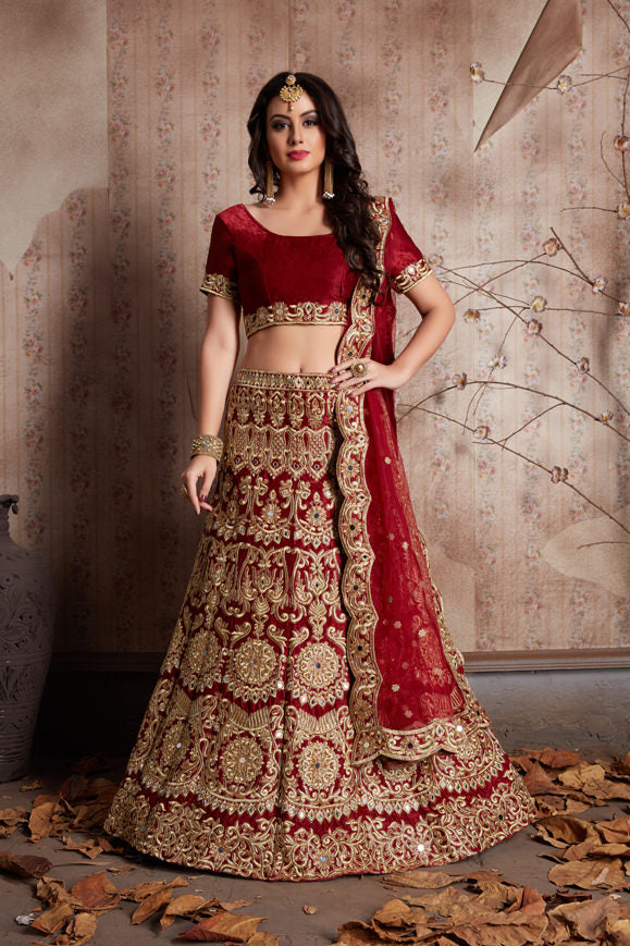 Stylish Maroon Bridal Lehenga | Velvet Mirror and Zari Work Choli Set