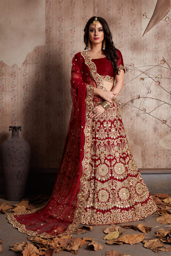 Stylish Maroon Bridal Lehenga | Velvet Mirror and Zari Work Choli Set