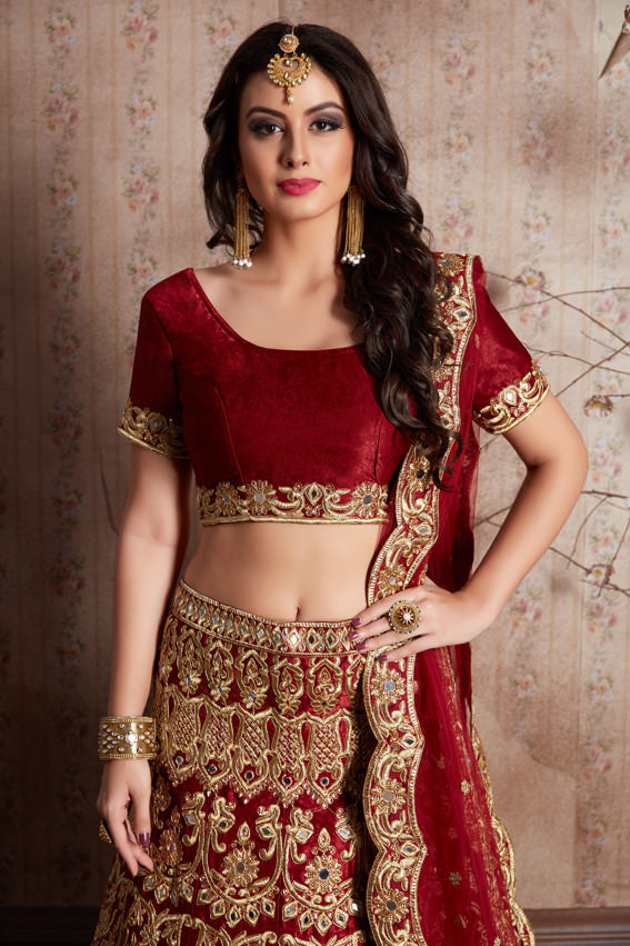 Stylish Maroon Bridal Lehenga | Velvet Mirror and Zari Work Choli Set