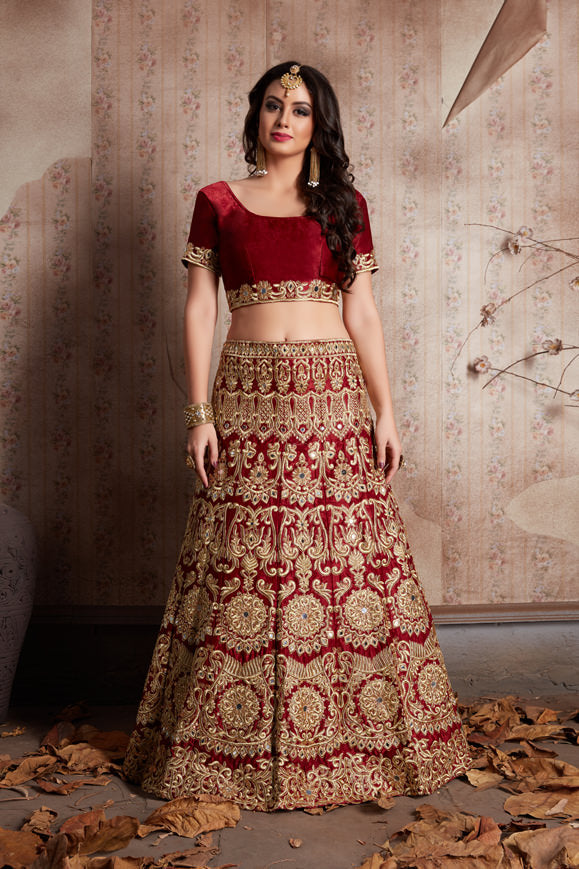 Stylish Maroon Bridal Lehenga | Velvet Mirror and Zari Work Choli Set