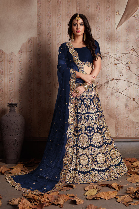 Velvet Lehenga Choli with Zari and Mirror Work and Cutwork Net Dupatta