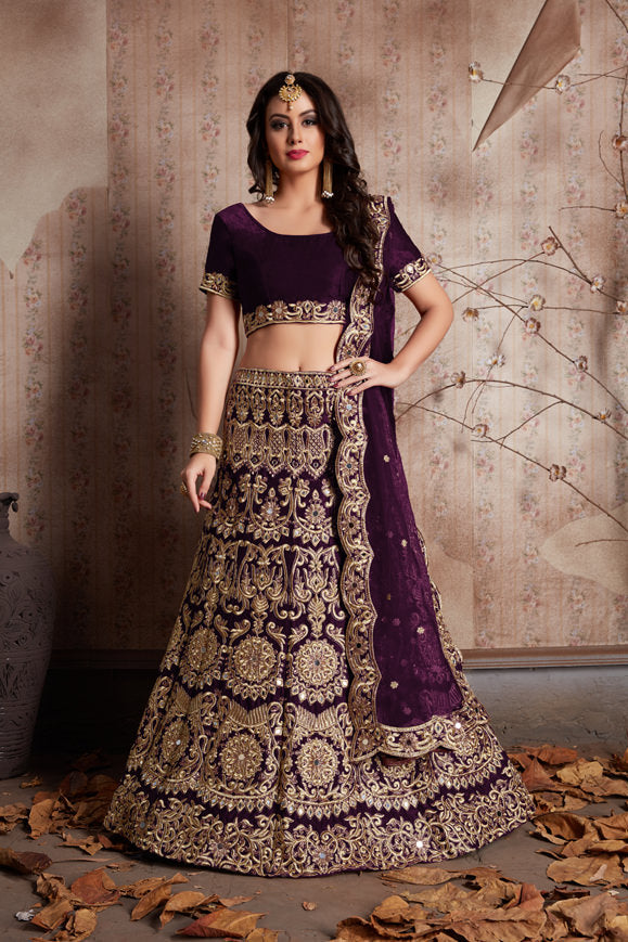 Velvet Lehenga Choli with Zari and Mirror Work and Cutwork Net Dupatta