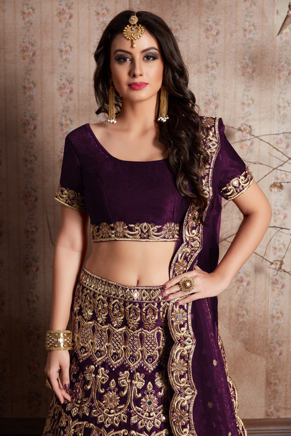 Velvet Lehenga Choli with Zari and Mirror Work and Cutwork Net Dupatta