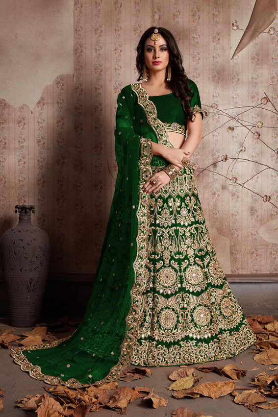 Velvet Lehenga Choli with Zari and Mirror Work and Cutwork Net Dupatta