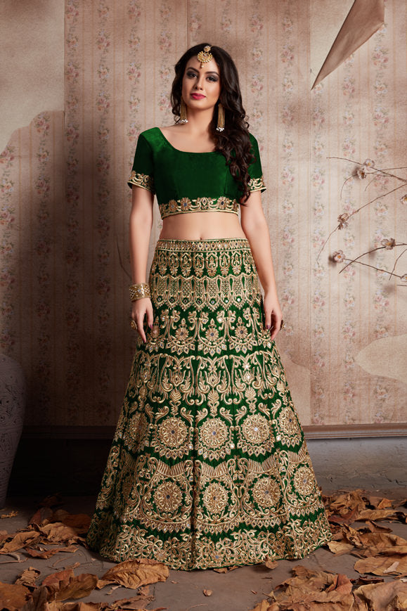 Velvet Lehenga Choli with Zari and Mirror Work and Cutwork Net Dupatta