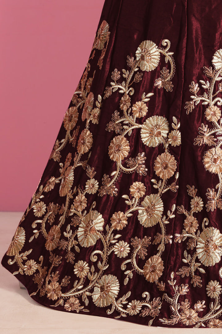 Velvet Silk Lehenga with Embroidered Blouse and Net Dupatta