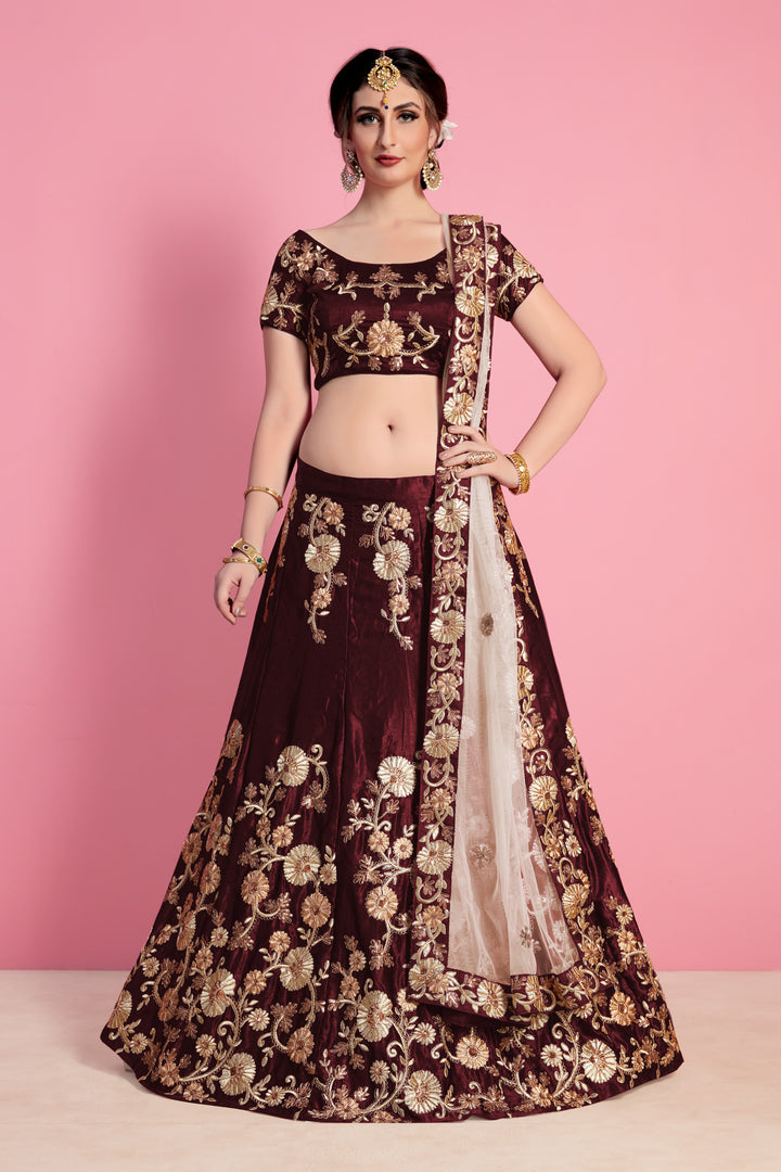 Velvet Silk Lehenga with Embroidered Blouse and Net Dupatta