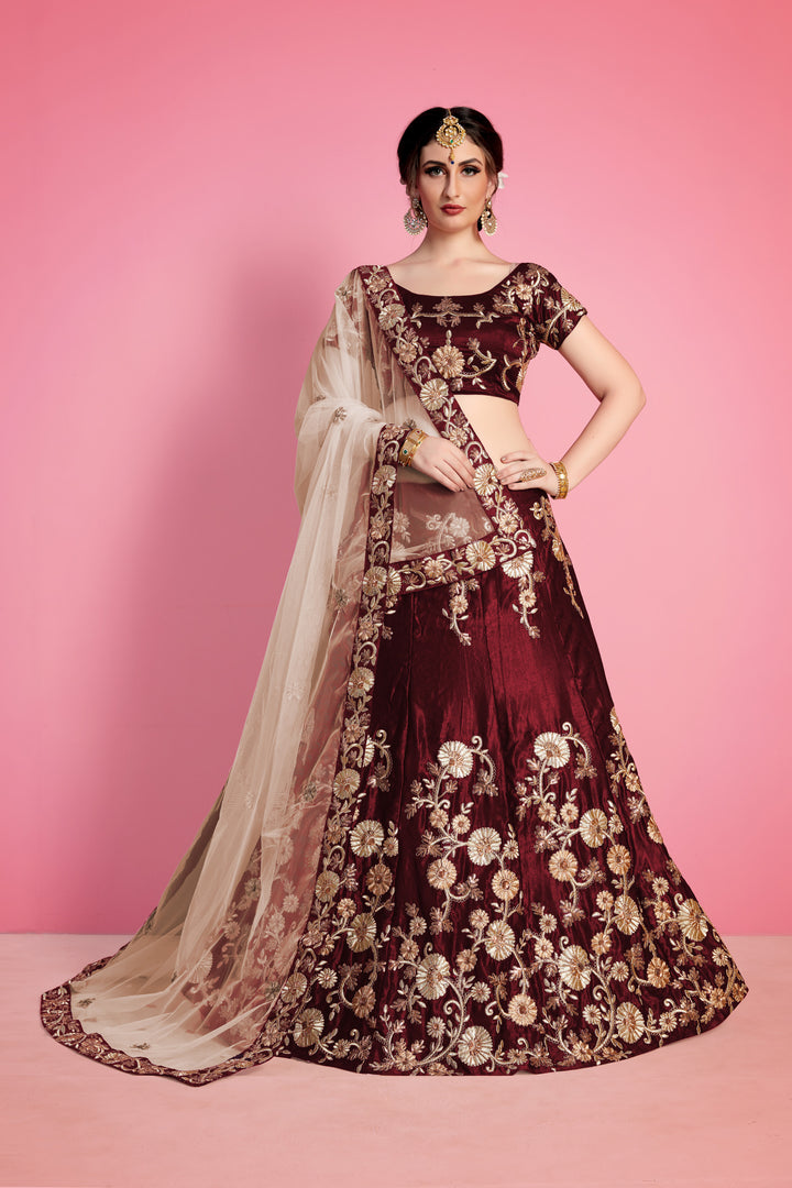 Velvet Silk Lehenga with Embroidered Blouse and Net Dupatta