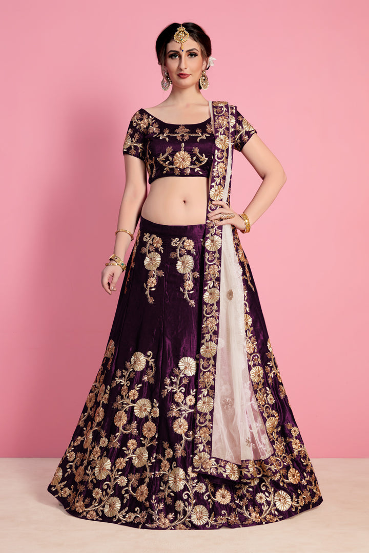 Velvet Silk Lehenga with Embroidered Blouse and Net Dupatta