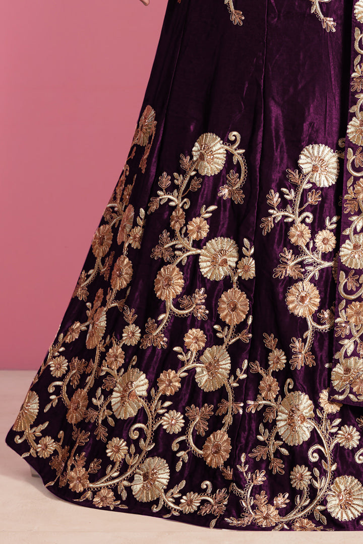 Velvet Silk Lehenga with Embroidered Blouse and Net Dupatta