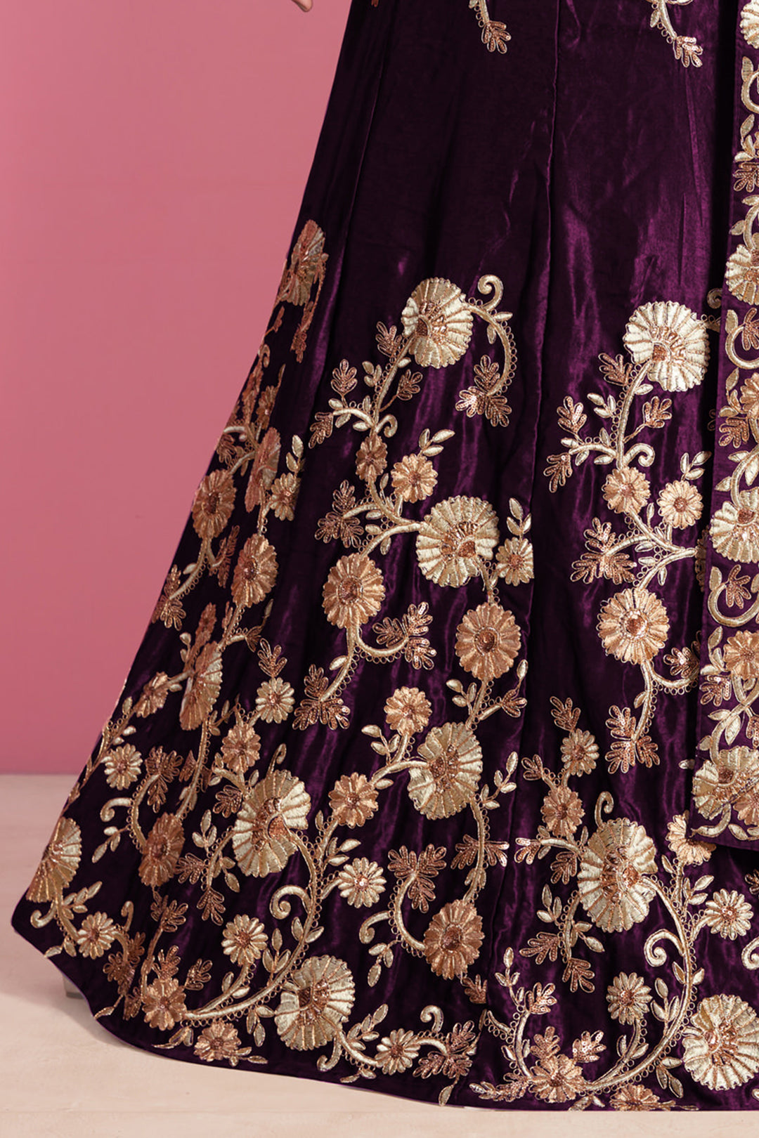 Velvet Floral Embroidered Lehenga | Paired with Beige Net Dupatta