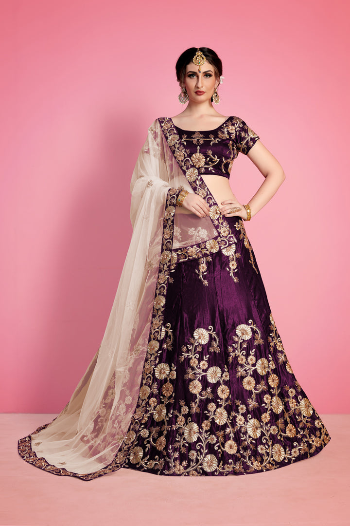 Velvet Silk Lehenga with Embroidered Blouse and Net Dupatta