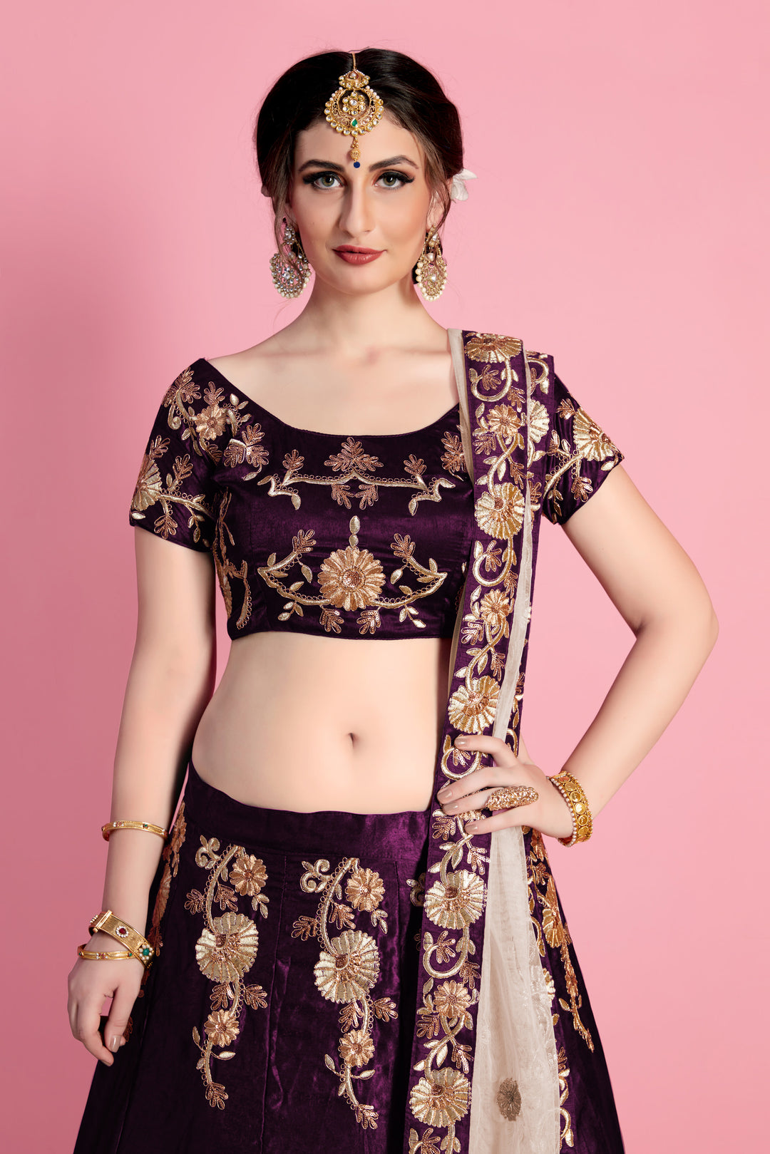 Velvet Silk Lehenga with Embroidered Blouse and Net Dupatta