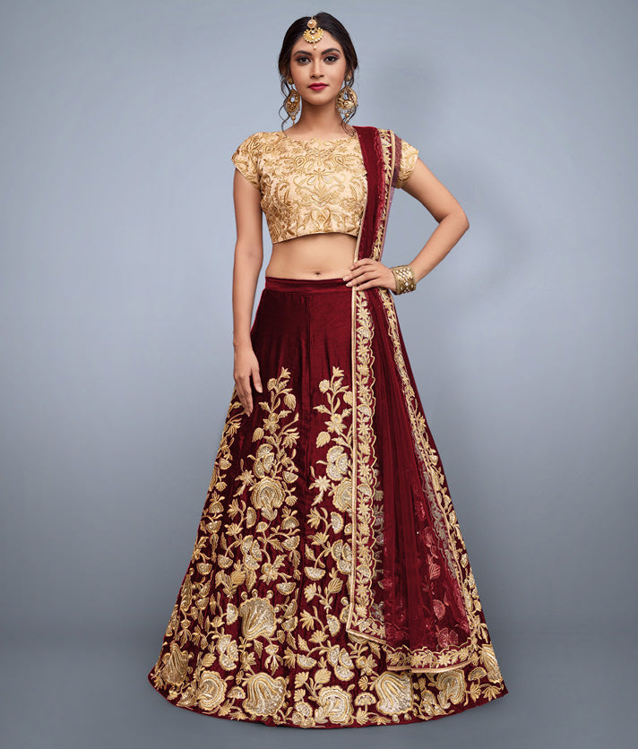 Velvet Lehenga Choli Set with Heavy Dori Work and Net Dupatta