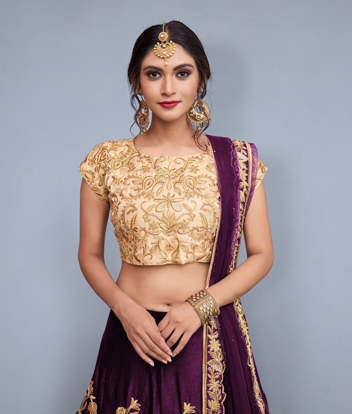 Velvet Lehenga Choli Set with Heavy Dori Work and Net Dupatta