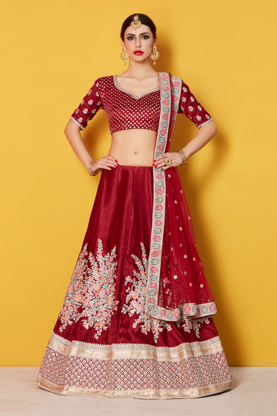 Glitter Sequins Velvet Lehenga | Maroon Lehenga with Antique Pearl and Zari Work