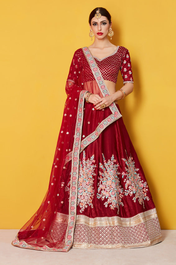 Glitter Sequins Velvet Lehenga | Maroon Lehenga with Antique Pearl and Zari Work