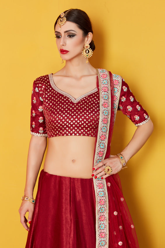 Glitter Sequins Velvet Lehenga | Maroon Lehenga with Antique Pearl and Zari Work