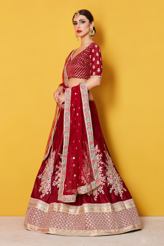 Glitter Sequins Velvet Lehenga | Maroon Lehenga with Antique Pearl and Zari Work