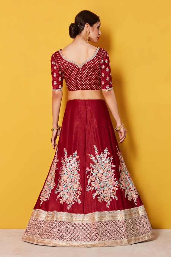 Glitter Sequins Velvet Lehenga | Maroon Lehenga with Antique Pearl and Zari Work